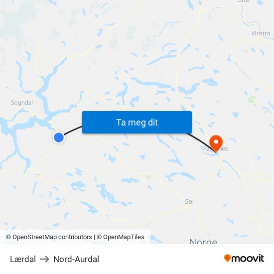 Lærdal to Nord-Aurdal map