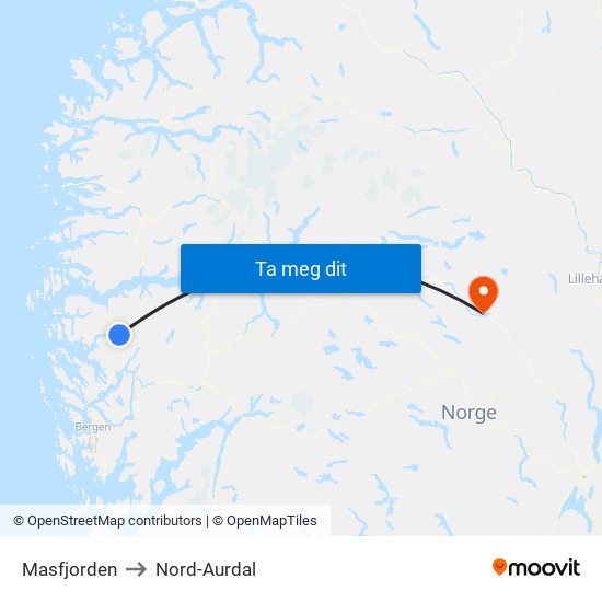 Masfjorden to Nord-Aurdal map