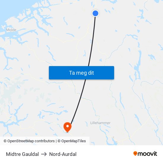 Midtre Gauldal to Nord-Aurdal map