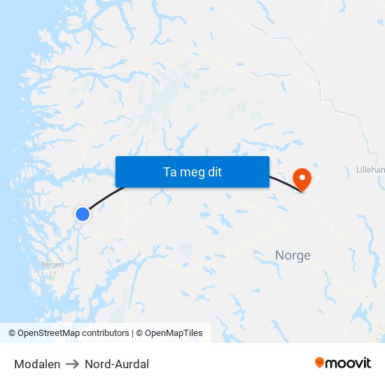 Modalen to Nord-Aurdal map