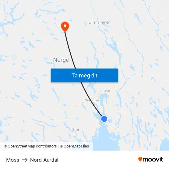 Moss to Nord-Aurdal map