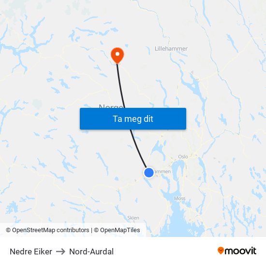 Nedre Eiker to Nord-Aurdal map
