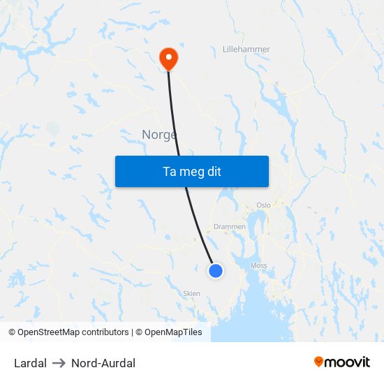 Lardal to Nord-Aurdal map