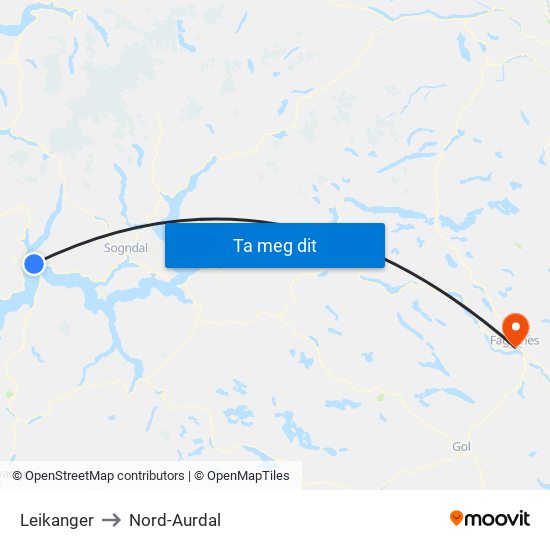 Leikanger to Nord-Aurdal map