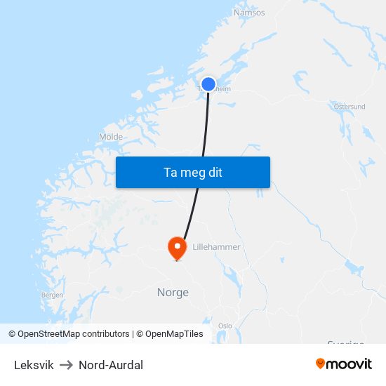 Leksvik to Nord-Aurdal map