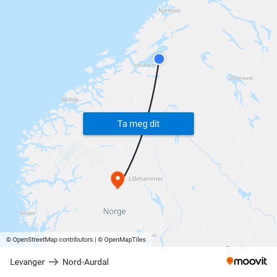 Levanger to Nord-Aurdal map