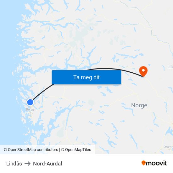 Lindås to Nord-Aurdal map