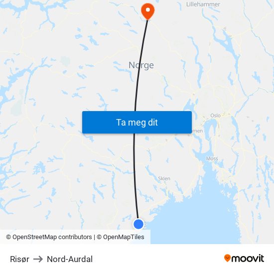 Risør to Nord-Aurdal map