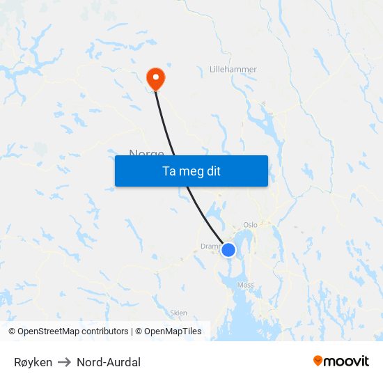 Røyken to Nord-Aurdal map