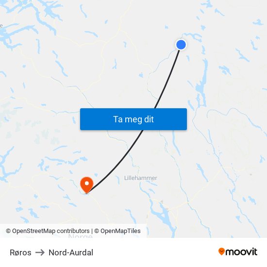 Røros to Nord-Aurdal map