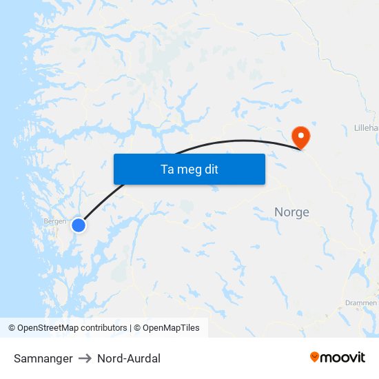 Samnanger to Nord-Aurdal map