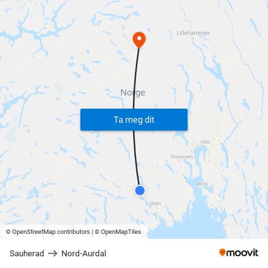 Sauherad to Nord-Aurdal map