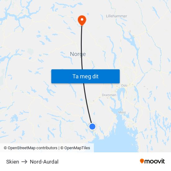 Skien to Nord-Aurdal map