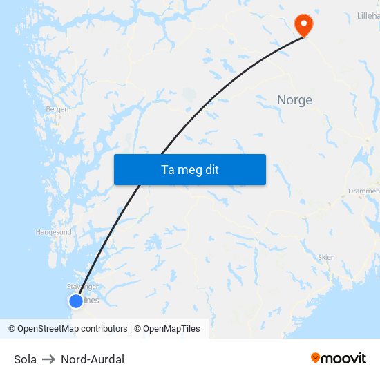 Sola to Nord-Aurdal map