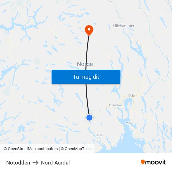 Notodden to Nord-Aurdal map