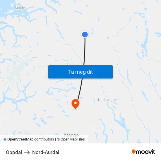 Oppdal to Nord-Aurdal map