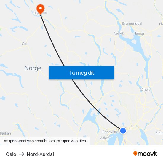 Oslo to Nord-Aurdal map