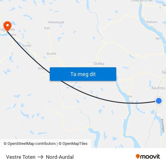 Vestre Toten to Nord-Aurdal map