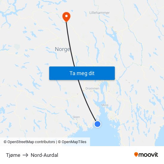 Tjøme to Nord-Aurdal map