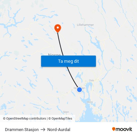 Drammen Stasjon to Nord-Aurdal map