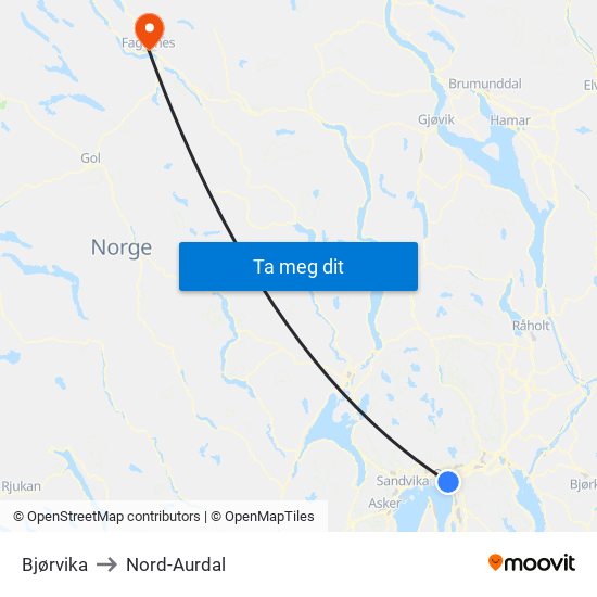 Bjørvika to Nord-Aurdal map