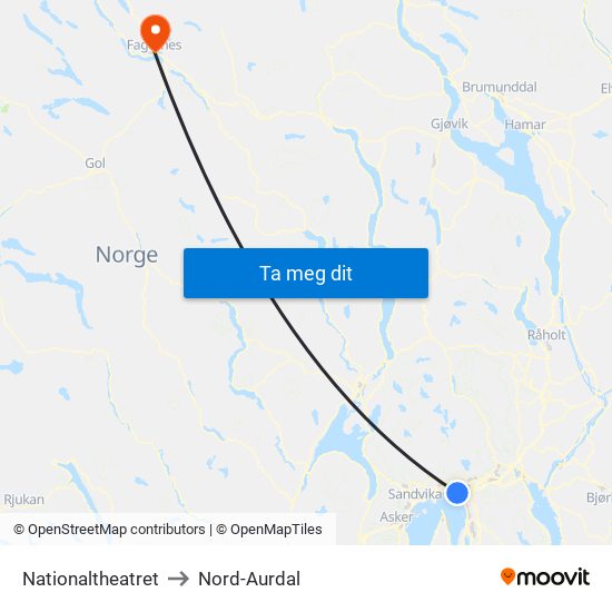 Nationaltheatret to Nord-Aurdal map