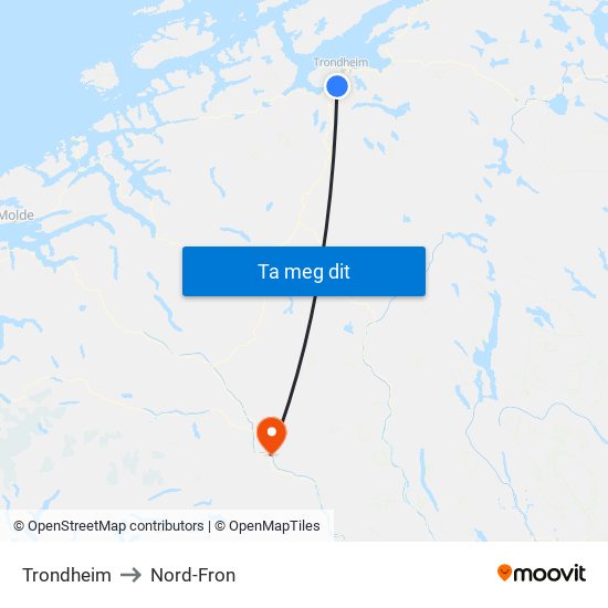 Trondheim to Nord-Fron map