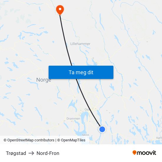 Trøgstad to Nord-Fron map