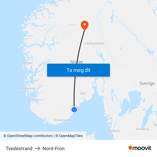 Tvedestrand to Nord-Fron map