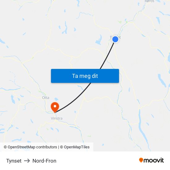 Tynset to Nord-Fron map