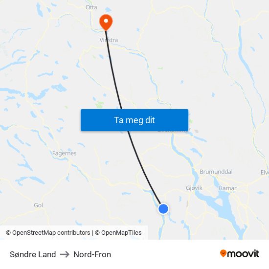 Søndre Land to Nord-Fron map