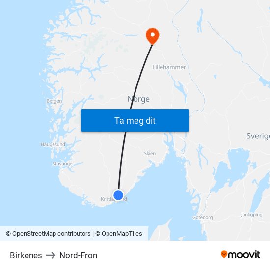 Birkenes to Nord-Fron map