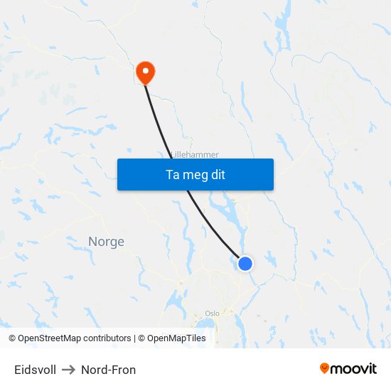 Eidsvoll to Nord-Fron map