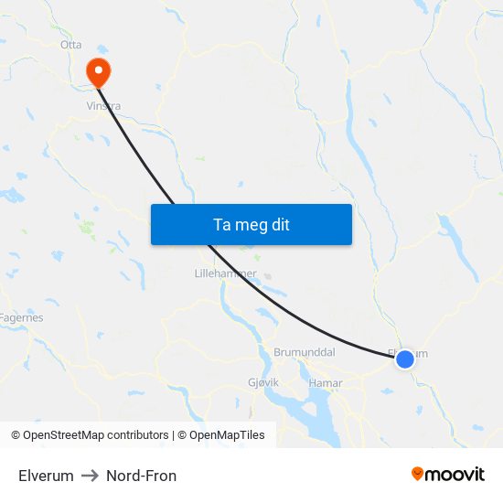 Elverum to Nord-Fron map