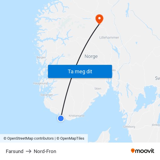 Farsund to Nord-Fron map