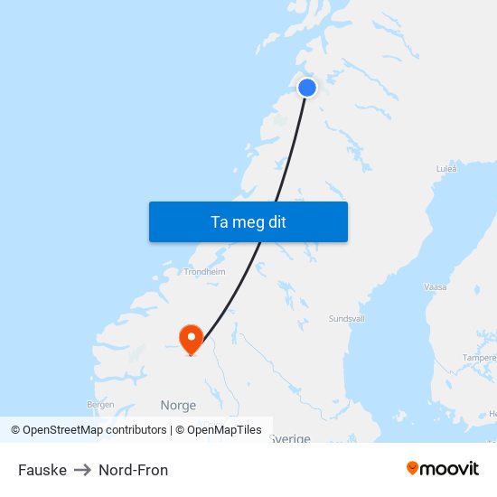 Fauske to Nord-Fron map