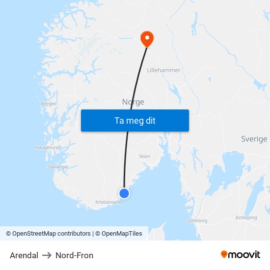 Arendal to Nord-Fron map