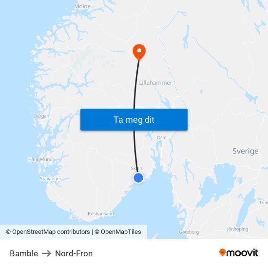 Bamble to Nord-Fron map