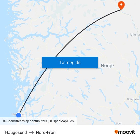 Haugesund to Nord-Fron map