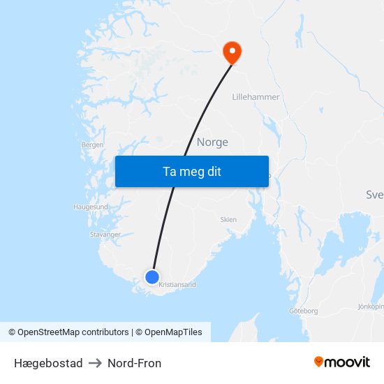 Hægebostad to Nord-Fron map