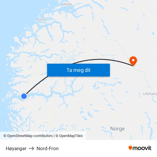 Høyanger to Nord-Fron map