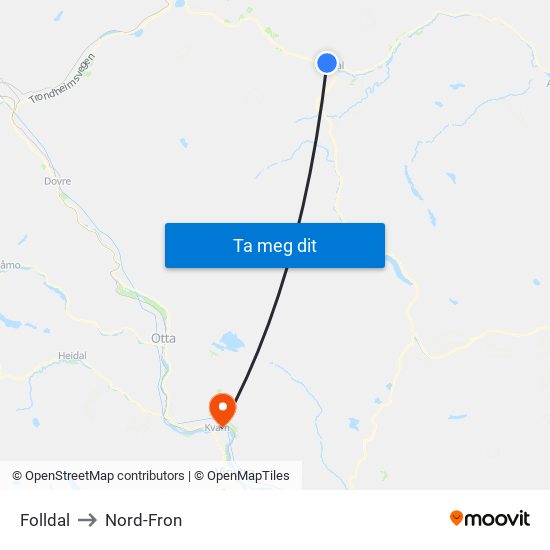 Folldal to Nord-Fron map