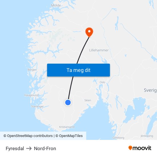 Fyresdal to Nord-Fron map