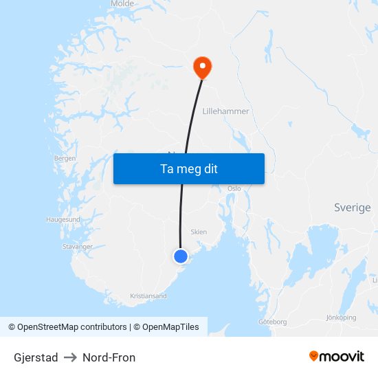 Gjerstad to Nord-Fron map