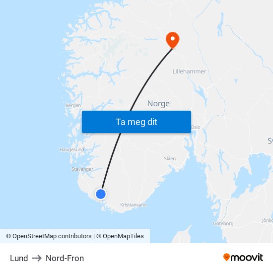 Lund to Nord-Fron map
