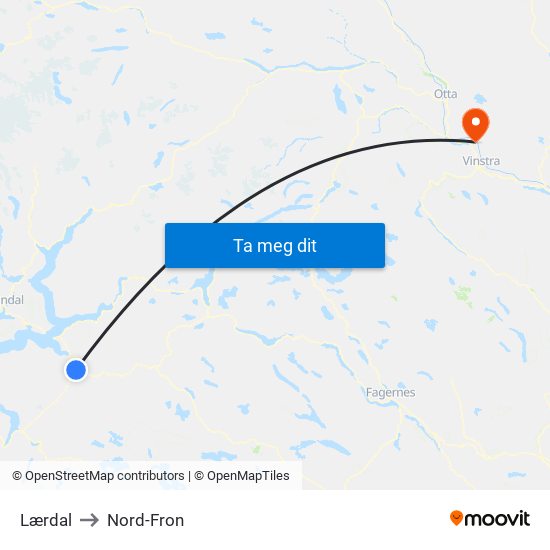 Lærdal to Nord-Fron map