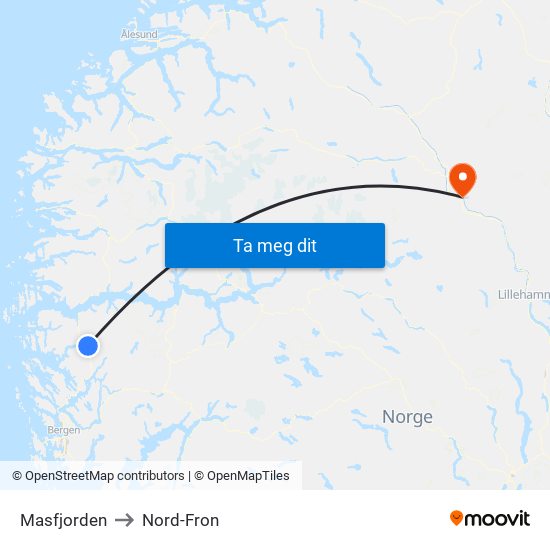 Masfjorden to Nord-Fron map