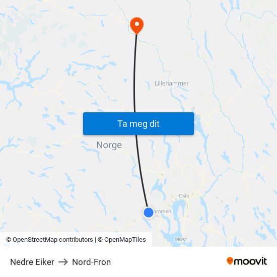 Nedre Eiker to Nord-Fron map
