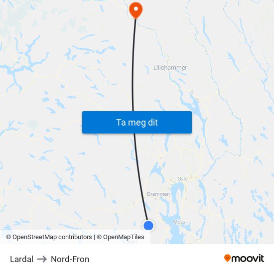 Lardal to Nord-Fron map