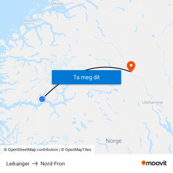 Leikanger to Nord-Fron map